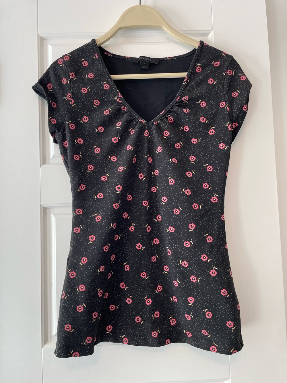 Express Black V-Neck Short Sleeve Top with Pink Floral Print